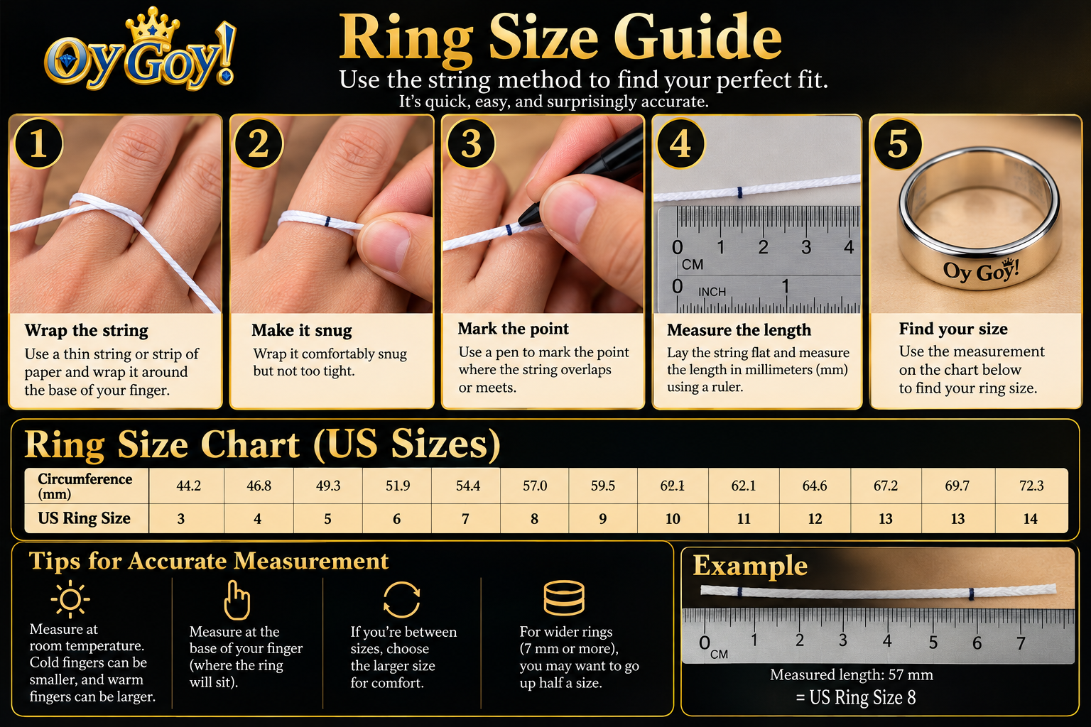 Illustrated ring sizing tutorial showing how to wrap a string around the finger, mark the overlap, straighten it, measure in millimeters with a ruler, and compare the circumference with a US ring size chart
